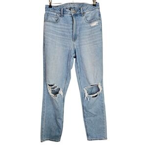 American Eagle Slim Mom Jeans Light‎ Wash Distressed Ripped Knee High Rise 6/29